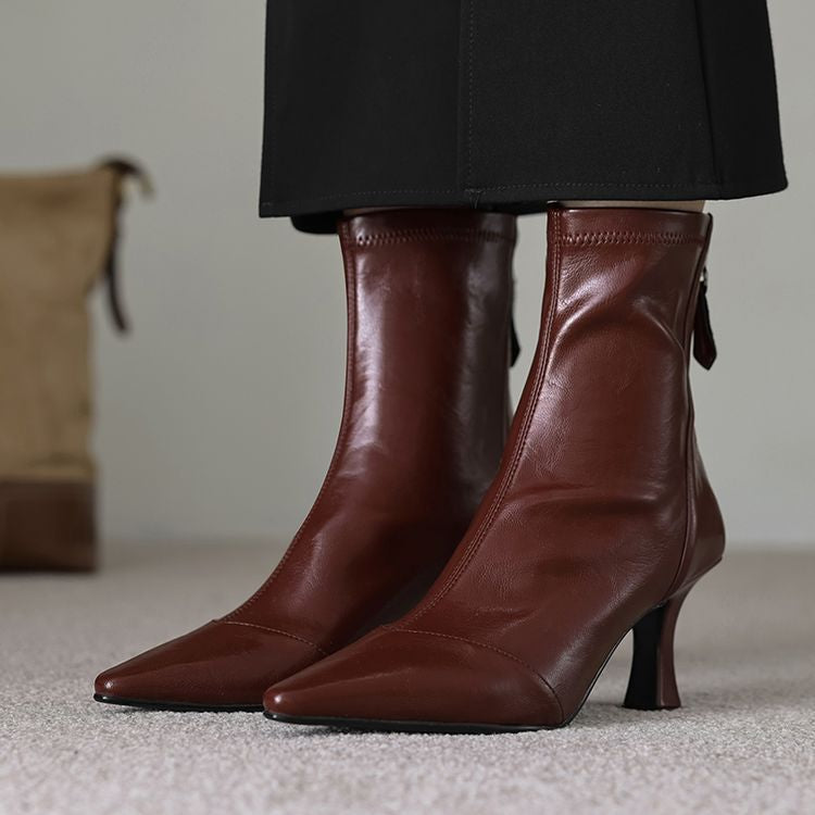 Women's Pointed-Toe Slim Ankle Boots - Kitten Heel & Back Zipper