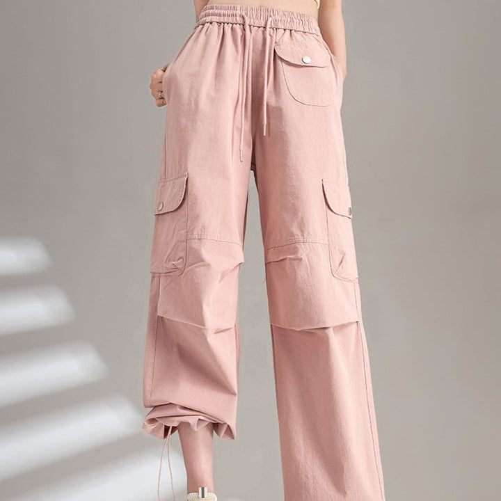 Womens Cotton Drawstring Waist Wide Leg Cargo Pants