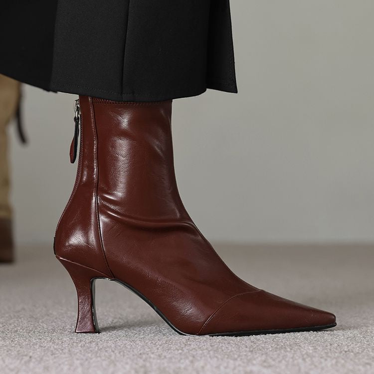 Women's Pointed-Toe Slim Ankle Boots - Kitten Heel & Back Zipper