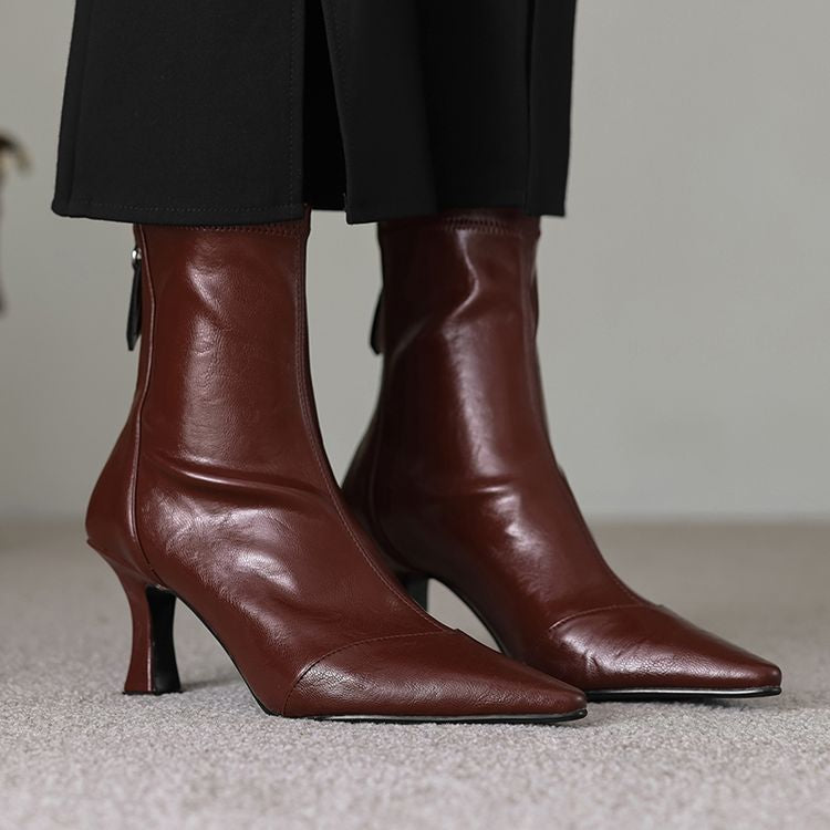 Women's Pointed-Toe Slim Ankle Boots - Kitten Heel & Back Zipper