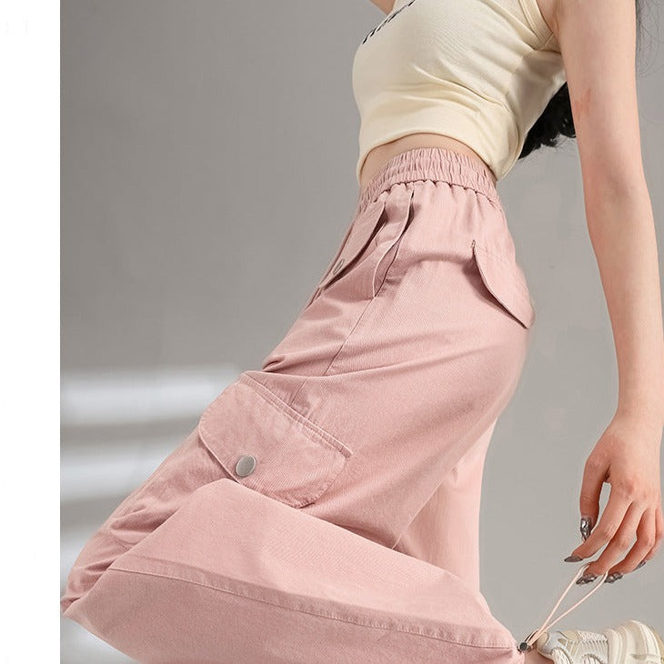 Womens Cotton Drawstring Waist Wide Leg Cargo Pants