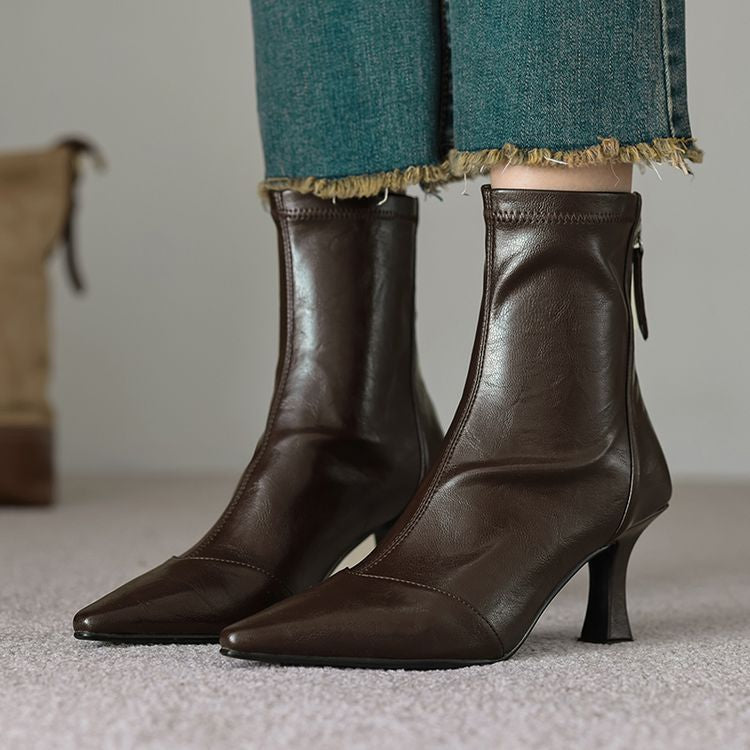 Women's Pointed-Toe Slim Ankle Boots - Kitten Heel & Back Zipper