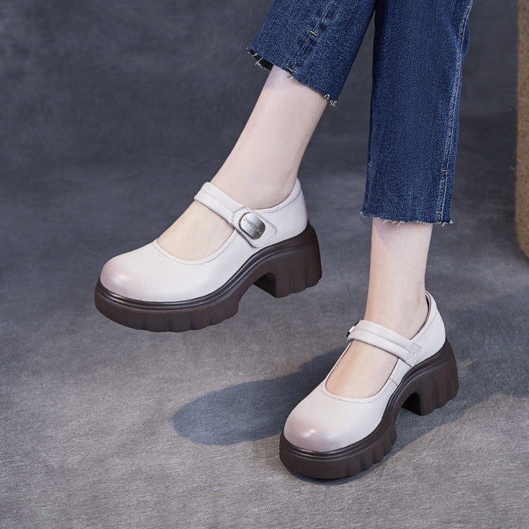 Luxury Leather Mary Janes for Women - Platform Heel with Velcro