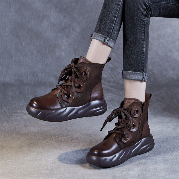 Women's Genuine Leather Lace-Up Ankle Boots – Casual Platform Chunky Sole