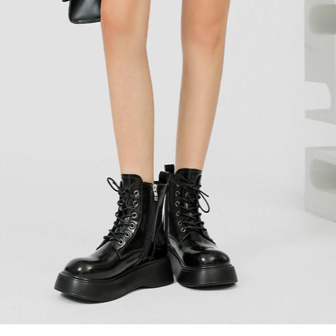 Women's Square Toe Lace-Up Thick Sole Patent Leather Combat Boots