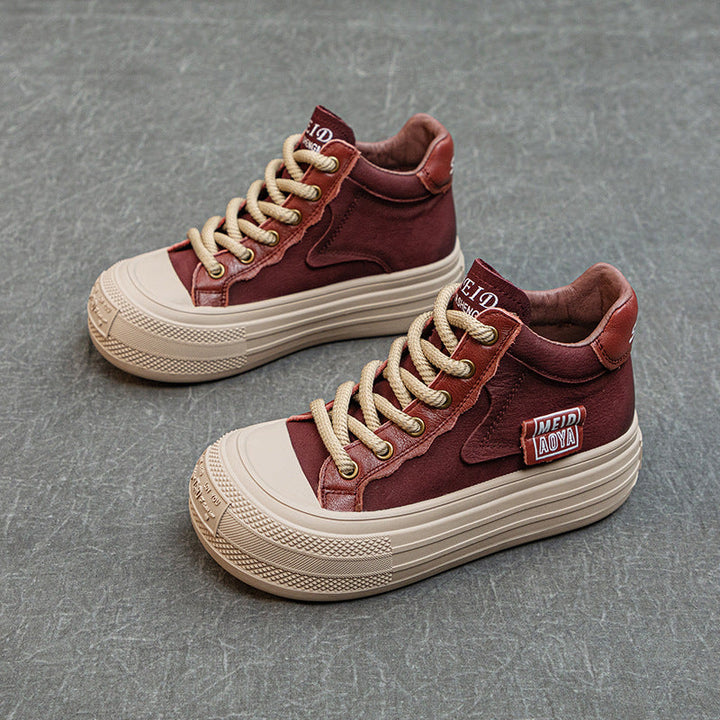 Women’s Leather Patchwork Lace-Up High-Top Shoes – Platform Casual Sneakers