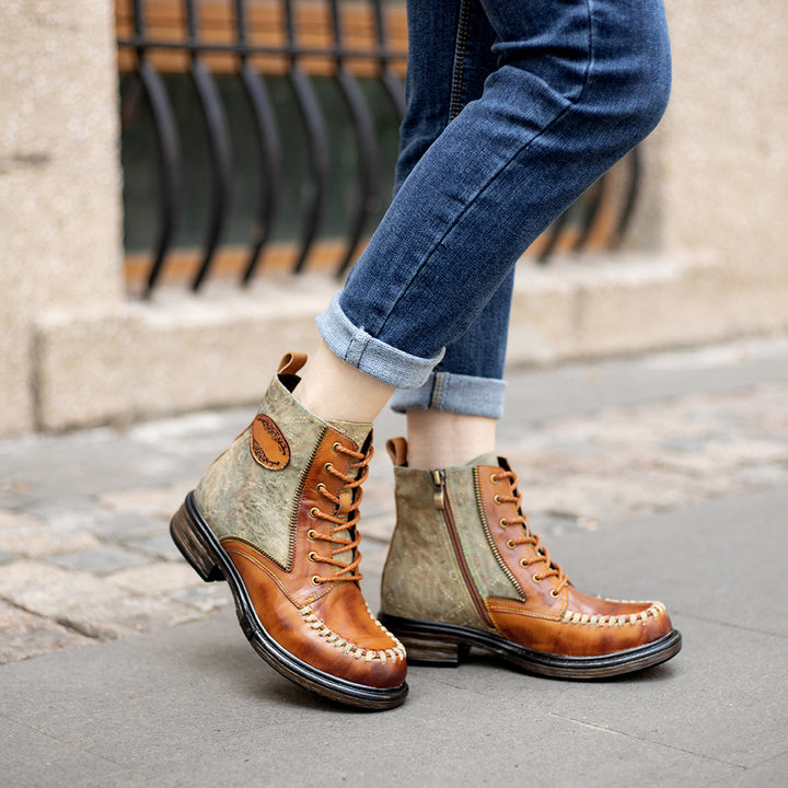 Women's Vintage Distressed Denim Sheepskin Ankle Boots Side Zipper Lace Up Combat Booties