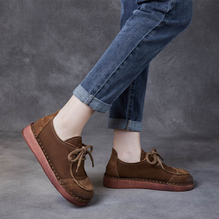 Women's Handcrafted Patchwork Leather Flat Lace-up Casual Comfort Shoes