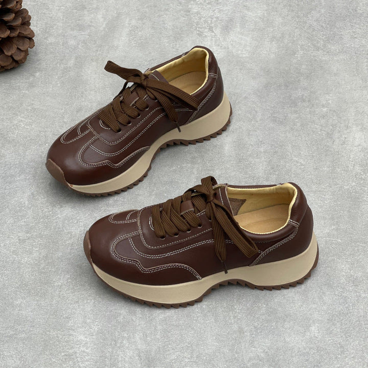 Women’s Retro Leather Chunky Dad Trainers – Round Toe Lace-Up Casual Sneakers