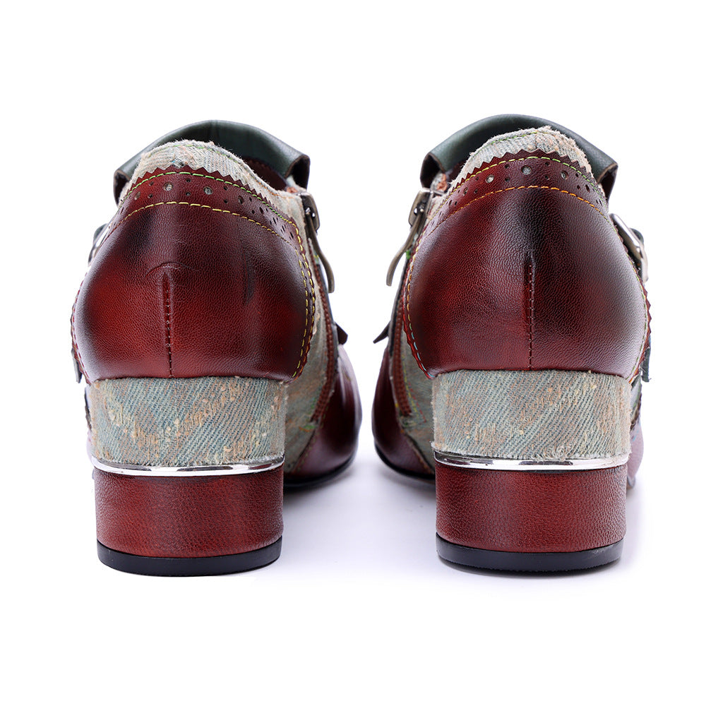 Women's Vintage Kiltie Fringe Block Heel Loafers Jacquard Sheepskin Slip On Shoes