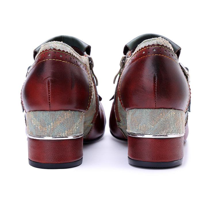 Women's Vintage Kiltie Fringe Block Heel Loafers Jacquard Sheepskin Slip On Shoes