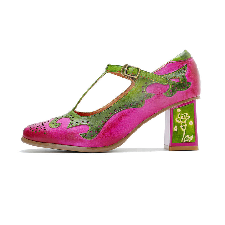 Vibrant Mary Janes for Women - Leather T-Strap Sandals with Floral Artistic Block Heel