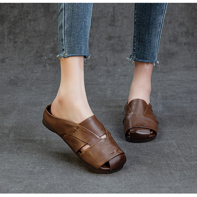 Women's Crisscross Woven Leather Mules Vintage Cutout Platform Slippers Barefoot-Friendly