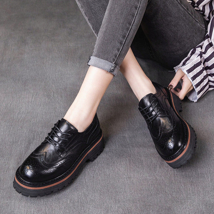 Women's British Style Brogue Oxfords - Genuine Leather with Chunky Sole
