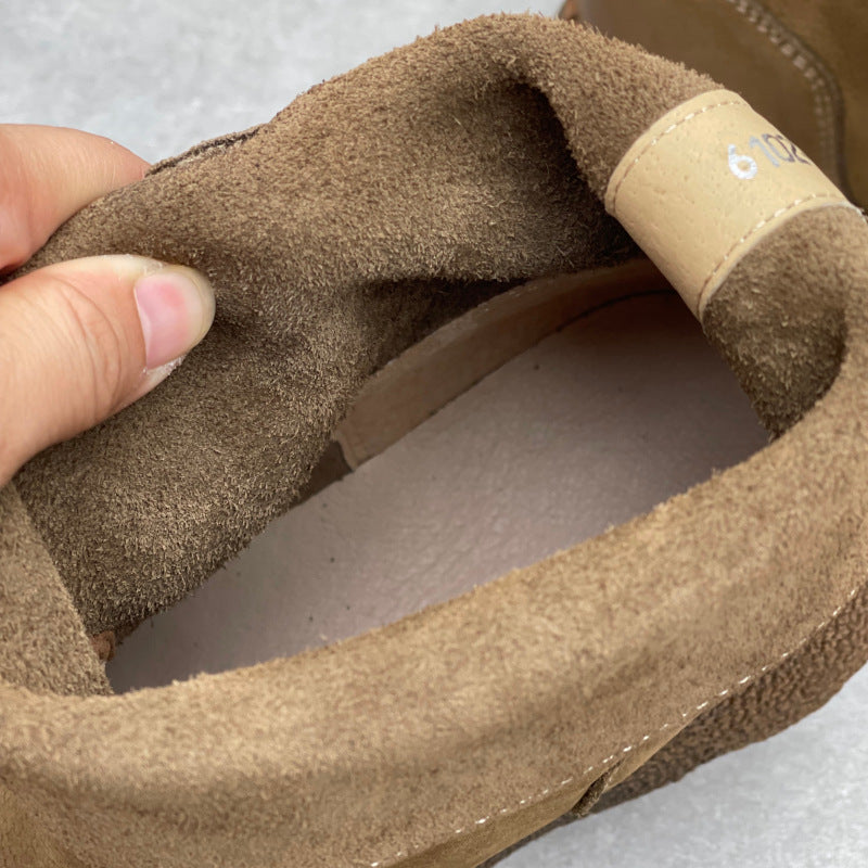 Women's Vintage Leather Mid-Calf Slip On Platform Booties Round Toe Chunky Sole Walking Shoes
