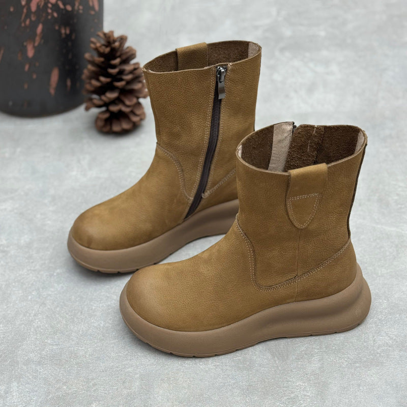 Women's Top-Grain Leather Mid Calf Boots Side Zipper Platform Casual Wedge Booties