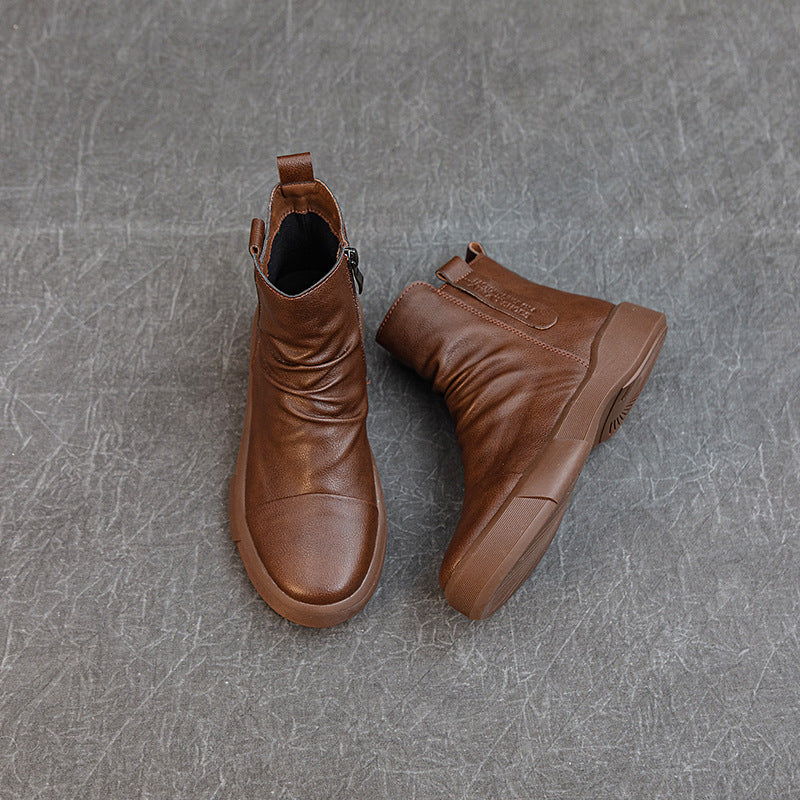 Comfortable Women's Flat Leather Boots – Casual Ruched Ankle Style