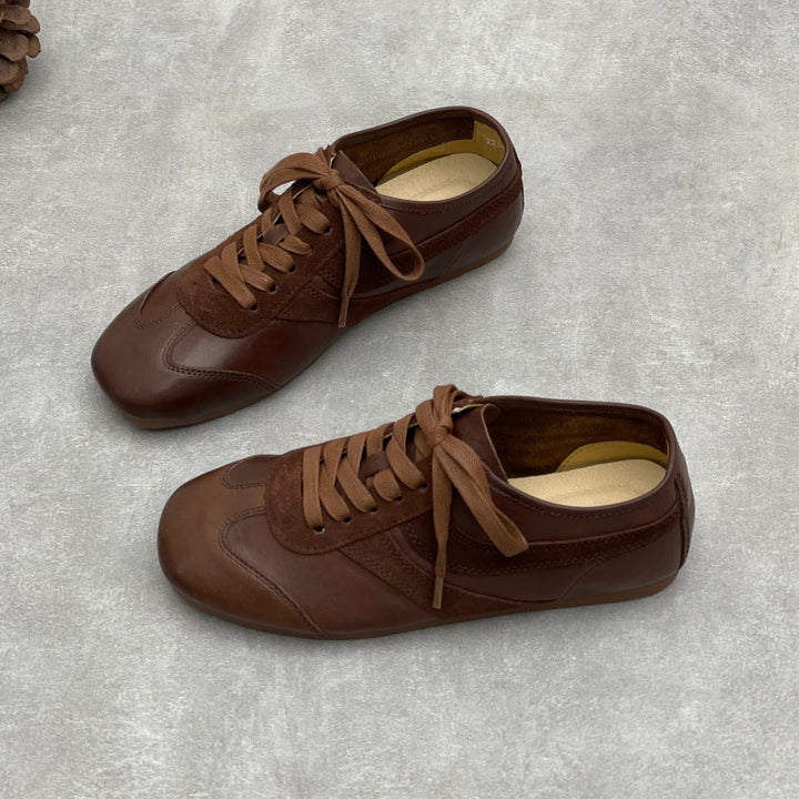 Women’s Vintage Distressed Leather Trainers – Retro Lace-Up Flats