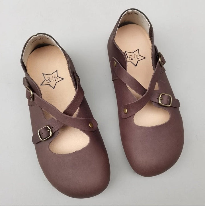 Women's Vintage Handmade Leather Shoes – Cross Strap, Buckle & Soft Sole