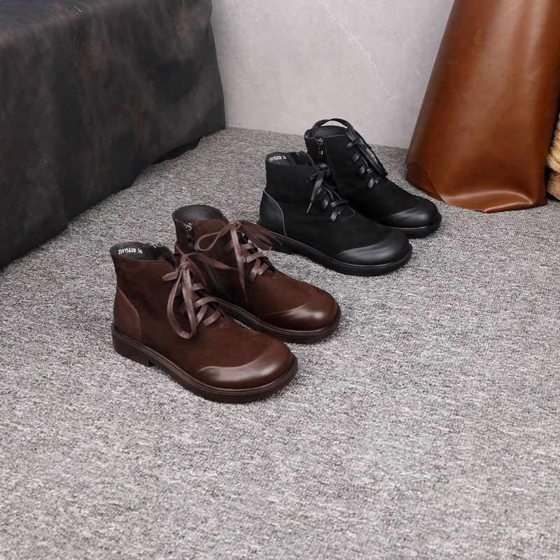 Women's Vintage Genuine Leather Ankle Boots Lace Up Side Zipper Flat Booties