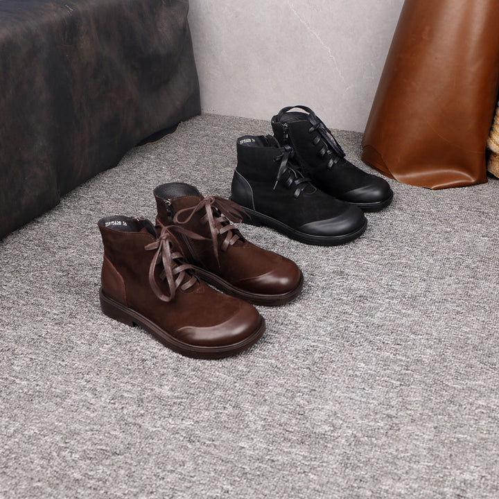 Women's Vintage Genuine Leather Ankle Boots Lace Up Side Zipper Flat Booties