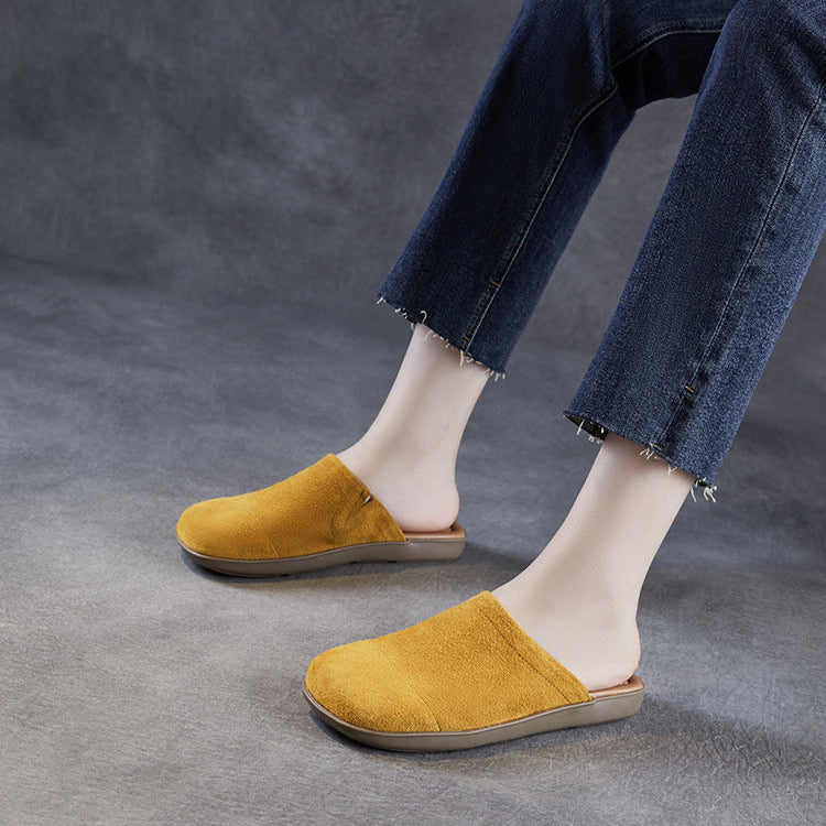 Women's Minimalist Nubuck Mules - Round-Toe Flat with Slip-On Ease