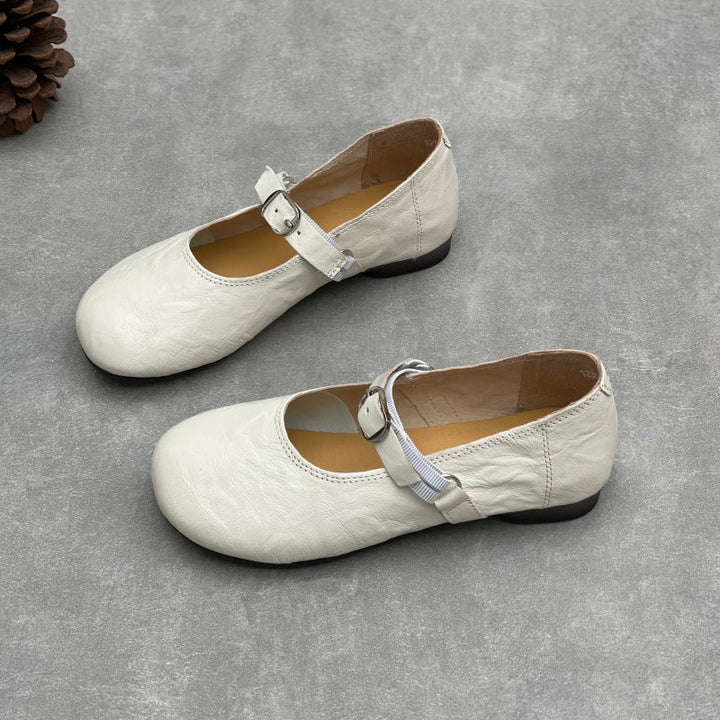 Women’s Handmade Sheepskin Mary Jane Flats – Vintage Round Toe Slip-On Shoes