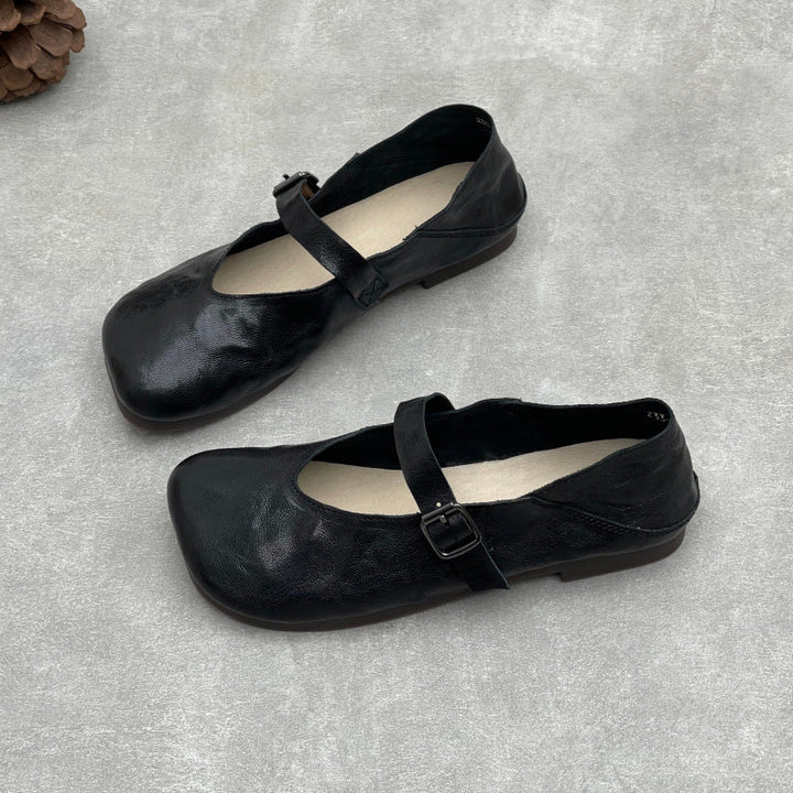 Women’s Handmade Sheepskin Mary Jane Flats – Square Toe V-Cut Comfortable Shoes