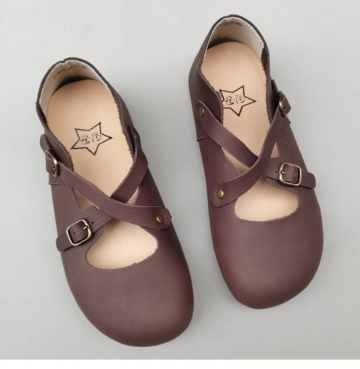 Women's Hidden Wedge Heel Shoes - Handmade Vintage Style with Cross Strap Buckle