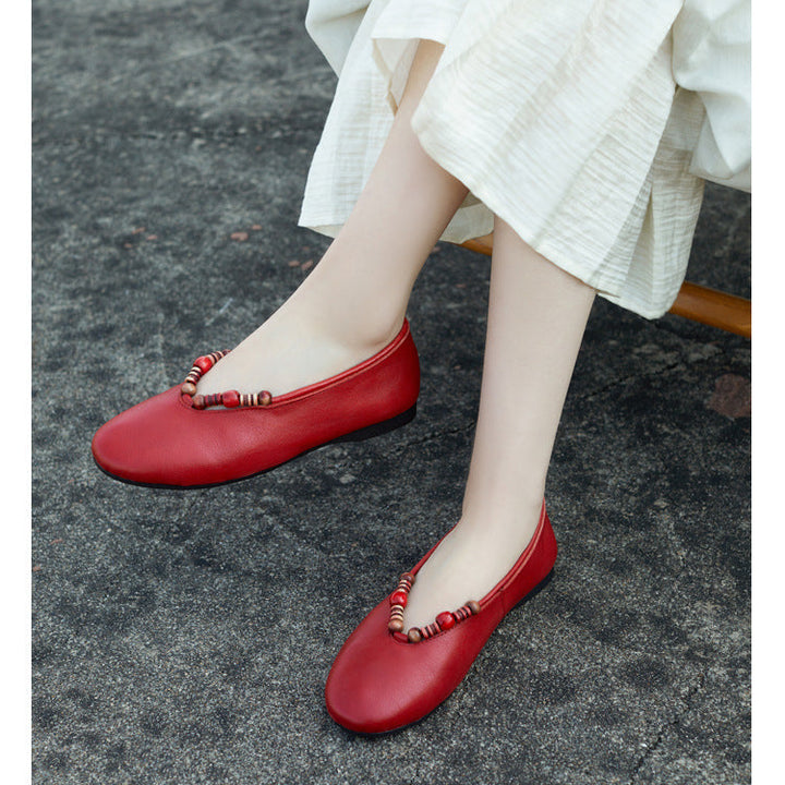 Women's Leather Ballet Flats - Vintage Beaded Loafers, Slip-on Round Toe Spring Summer Comfort Shoes