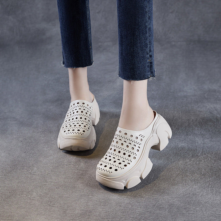 Women's Leather Platform Mules - Hollow Out Perforated Closed Round Toe Chunky Sandals Summer Slides