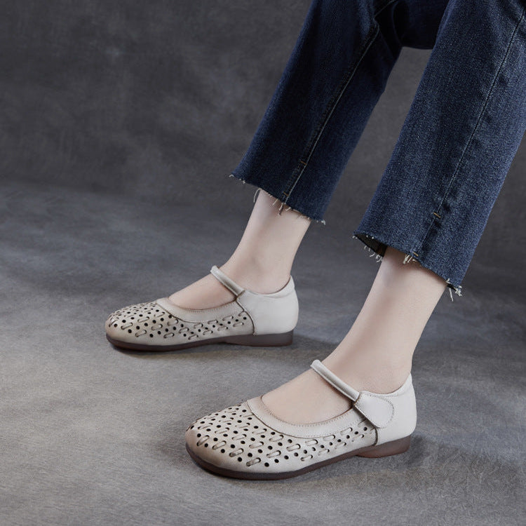 Women's Leather Mary Jane Sandals - Vintage Perforated Cut-Out Closed Round Toe Flat Shoes with Velcro