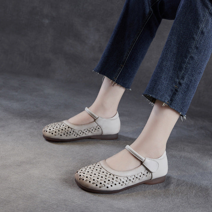 Women's Leather Mary Jane Sandals - Vintage Perforated Cut-Out Closed Round Toe Flat Shoes with Velcro