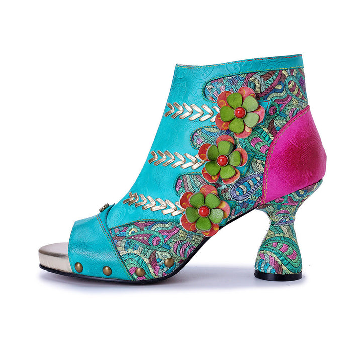 Bohemian Floral Sheepskin Booties for Women - Peep Toe Summer Sandals