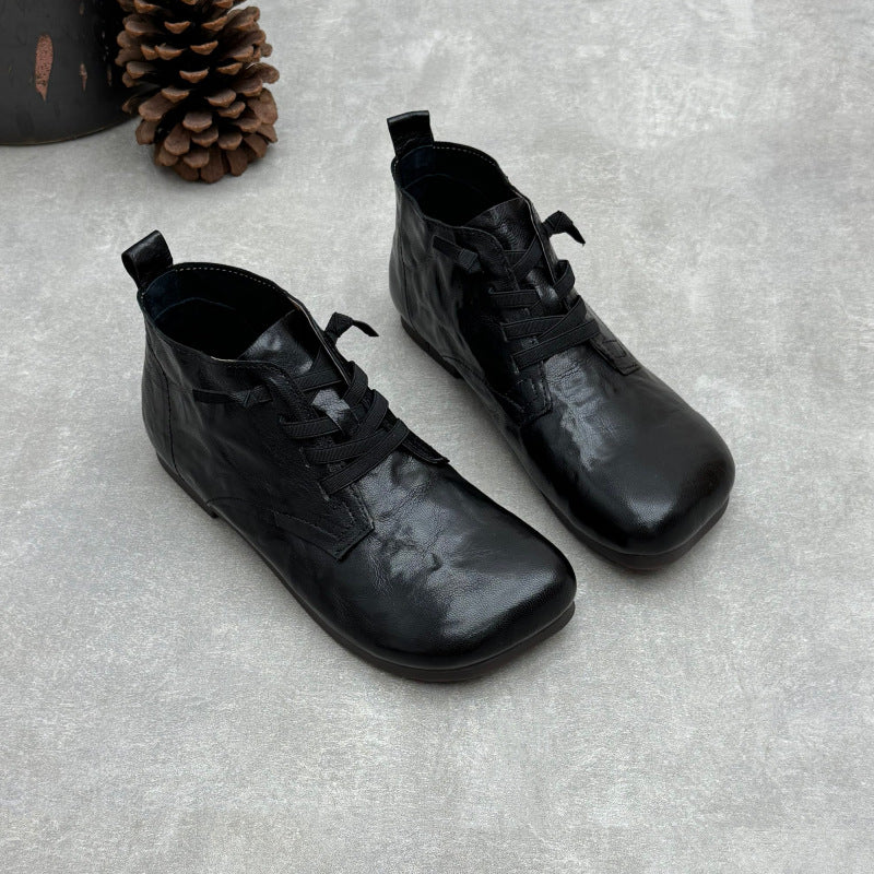 Women's Vintage Lambskin Ankle Booties Soft Sole Square Toe Elastic Slip-On Shoes