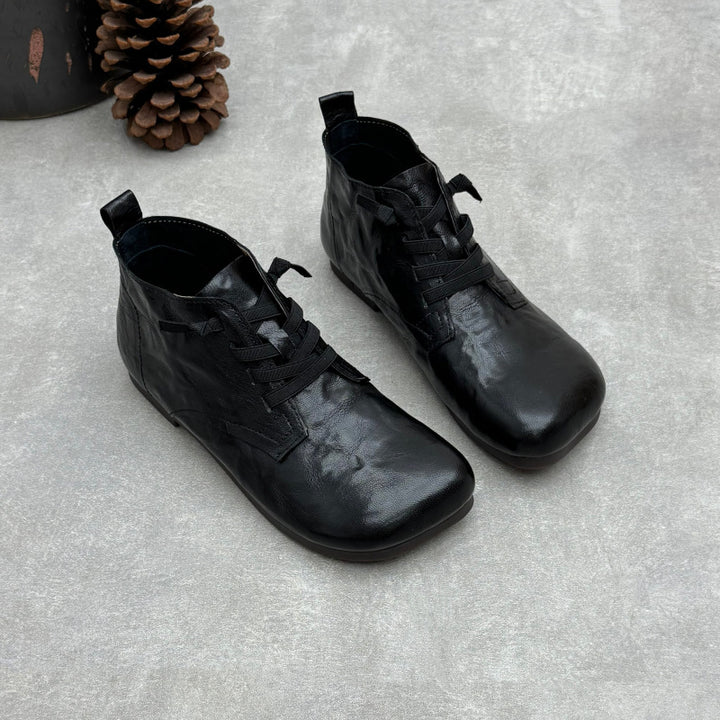 Women's Vintage Lambskin Ankle Booties Soft Sole Square Toe Elastic Slip-On Shoes