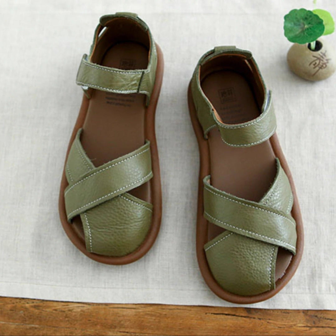 Women Summer Literary Style Sandals Fork Strap Velcro Flat Shoes