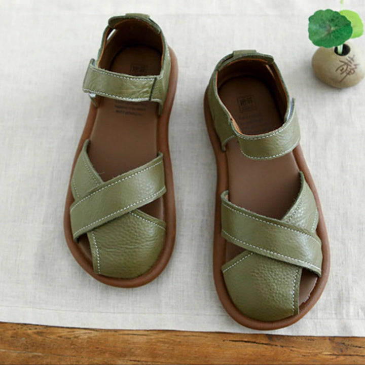 Women Summer Literary Style Sandals Fork Strap Velcro Flat Shoes