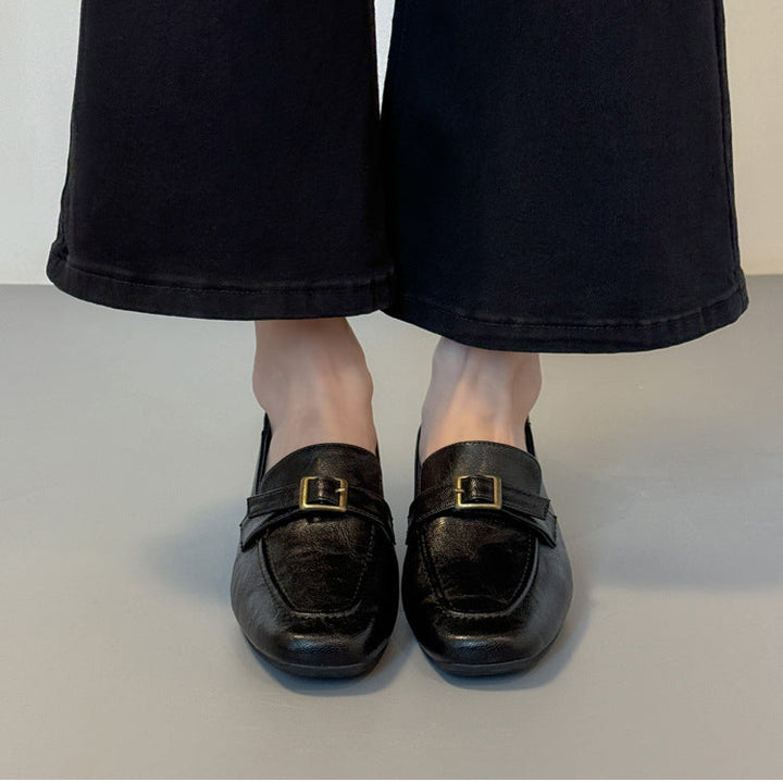 Women's Premium Leather Loafers - Square Toe Vintage Buckle Strap Chunky Heel Pumps