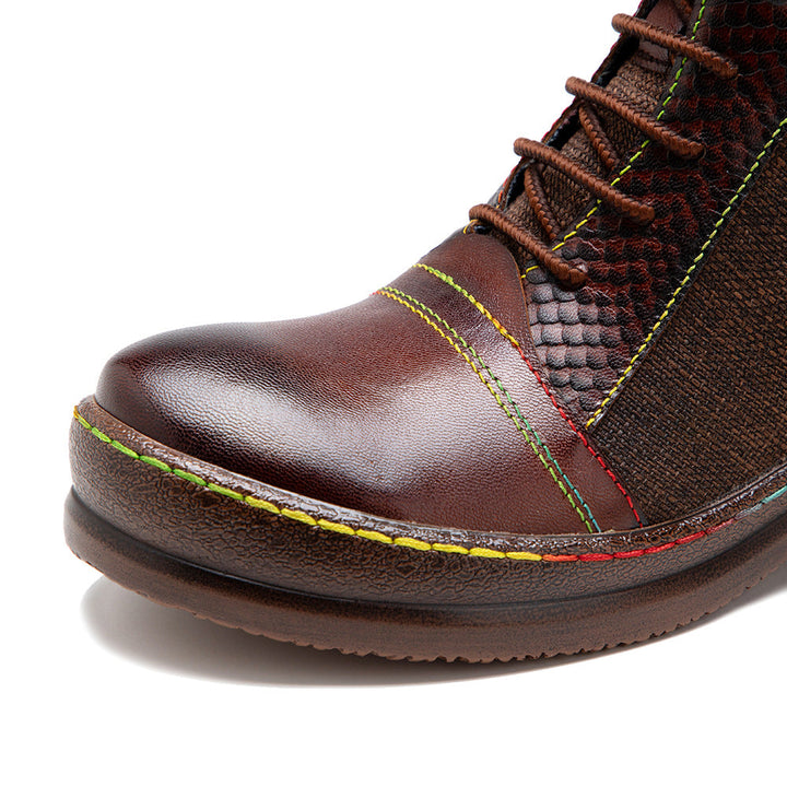 Women's Leather Ankle Boots - Contrast Stitching Flat Lace-up Zipper Boots