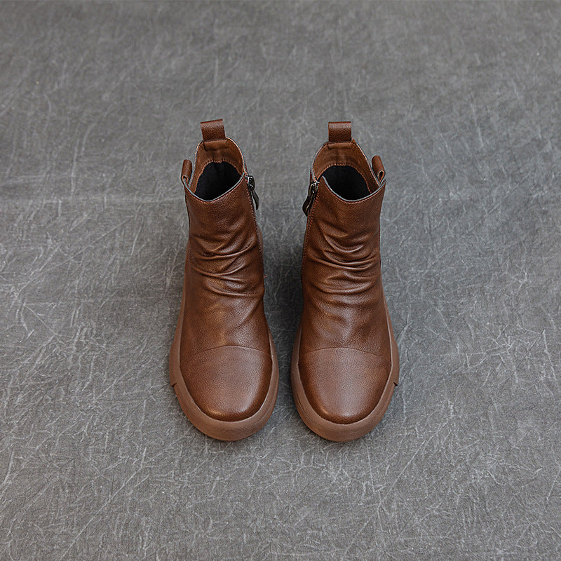 Comfortable Women's Flat Leather Boots – Casual Ruched Ankle Style