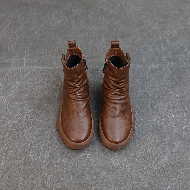 Comfortable Women's Flat Leather Boots – Casual Ruched Ankle Style