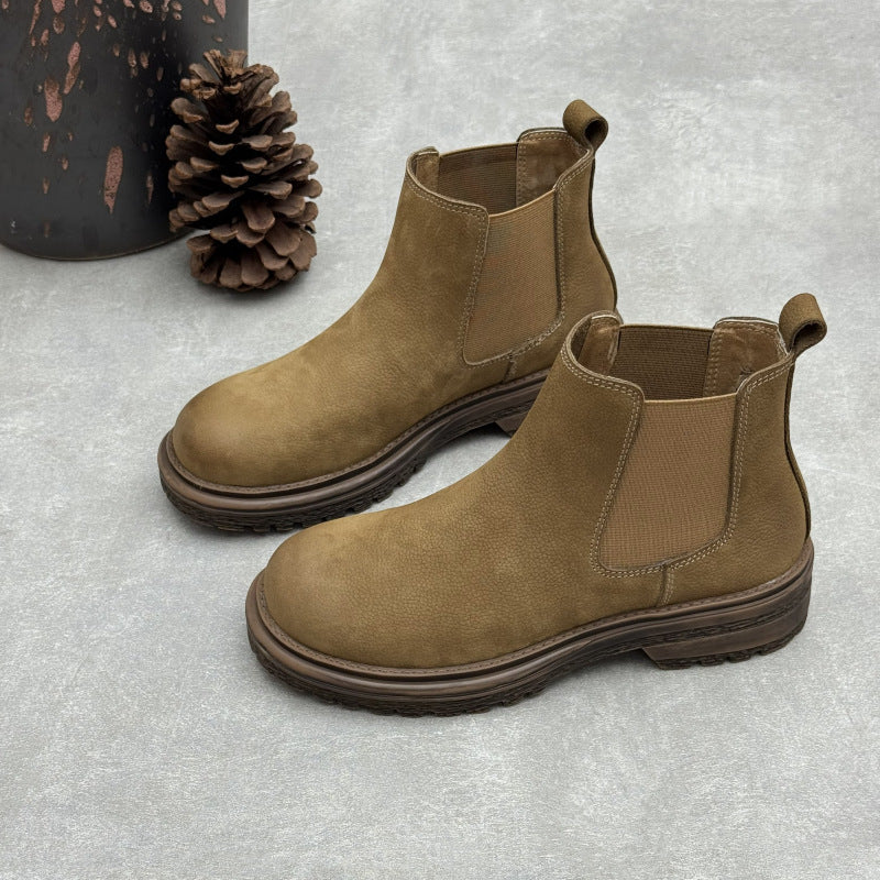 Women's Top-Grain Leather Chelsea Ankle Boots Slip On Low Platform Heel Booties