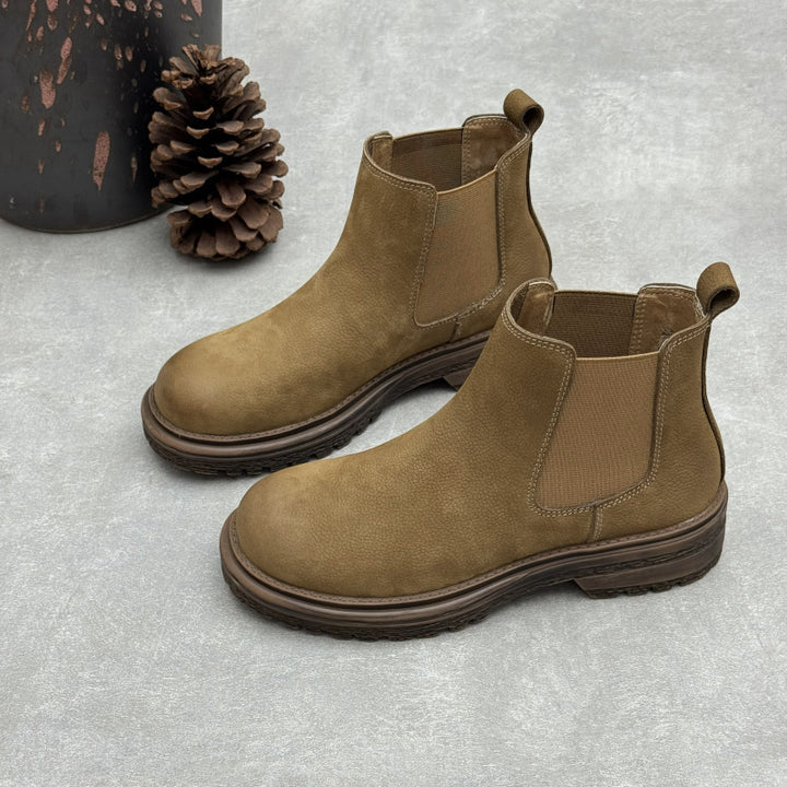 Women's Top-Grain Leather Chelsea Ankle Boots Slip On Low Platform Heel Booties