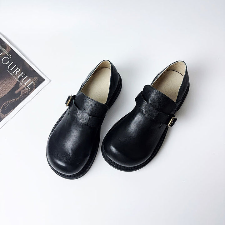 Women's Retro Top-Grain Leather Loafers Slip On Buckle Strap Casual Shoes