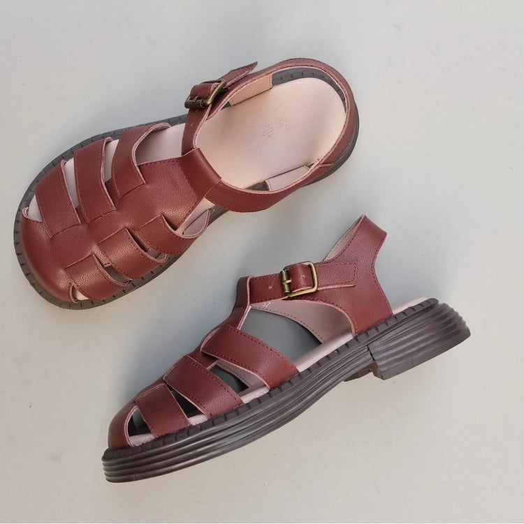 Women's Genuine Leather Wide-Toe Woven Sandals – Casual Style for Summer