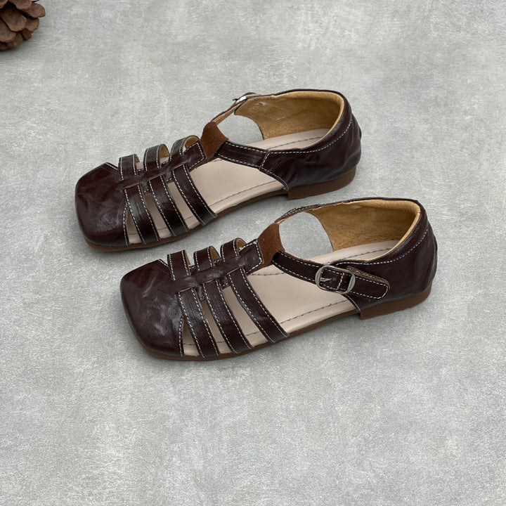 Women's Genuine Leather T-Strap Mary Jane Sandals Retro Square Toe Flats