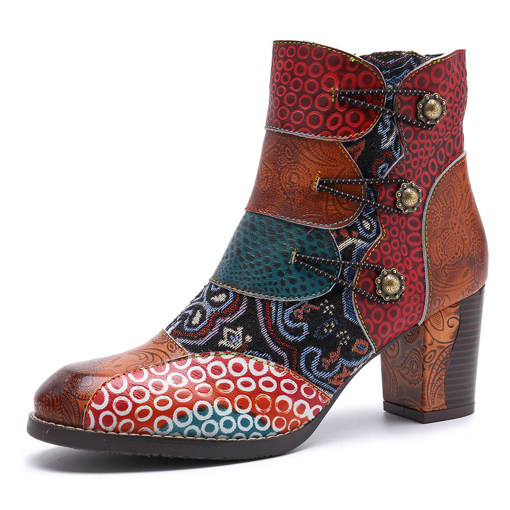 Women's Ankle Booties Genuine Leather Zipper Retro Pattern Boots