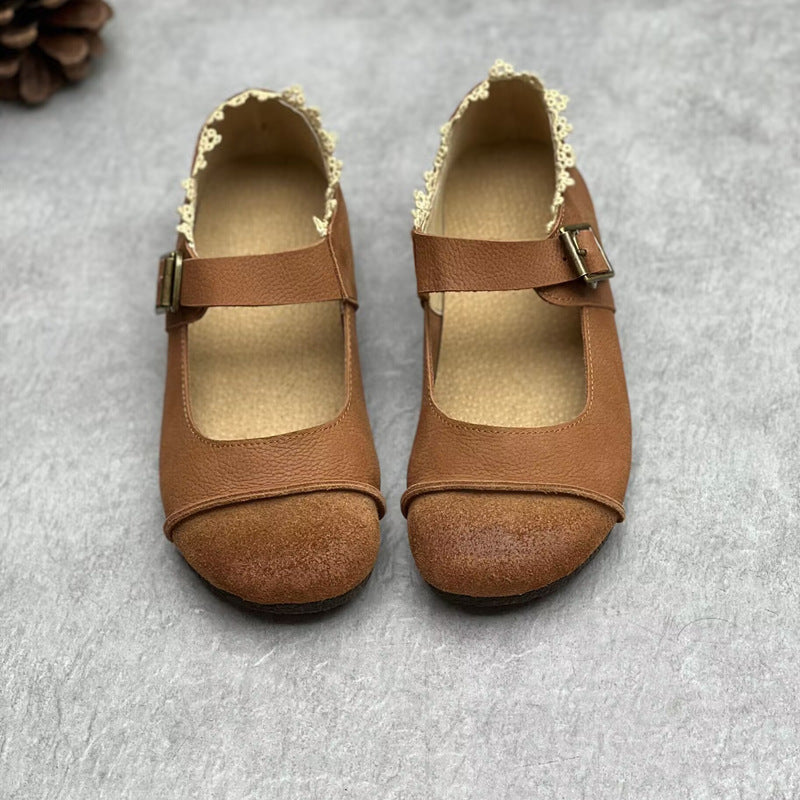 Womens Lace Patchwork Leather Soft Mori Style Buckle Flats Mary Jane Shoes