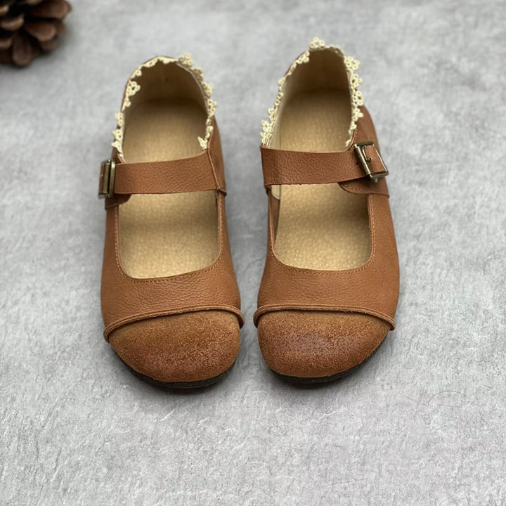 Womens Lace Patchwork Leather Soft Mori Style Buckle Flats Mary Jane Shoes